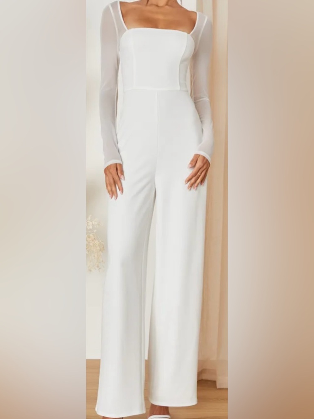 Lulu's White Square Neck Long Sleeve Jumpsuit NWOT Med